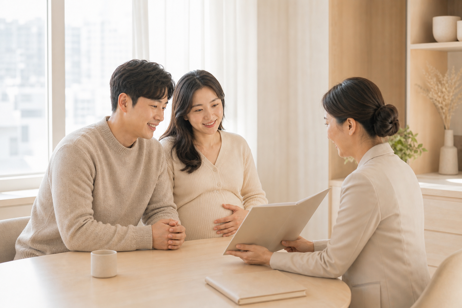사임당홈케어 상담사와 상담 중인 출산 예정 부부