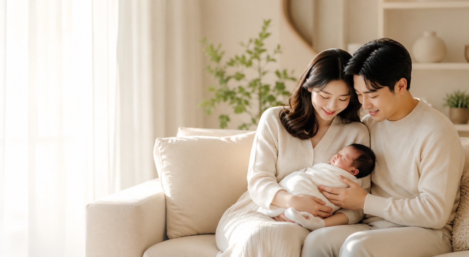 햇살이 드는 집에서 신생아를 안고 있는 가족